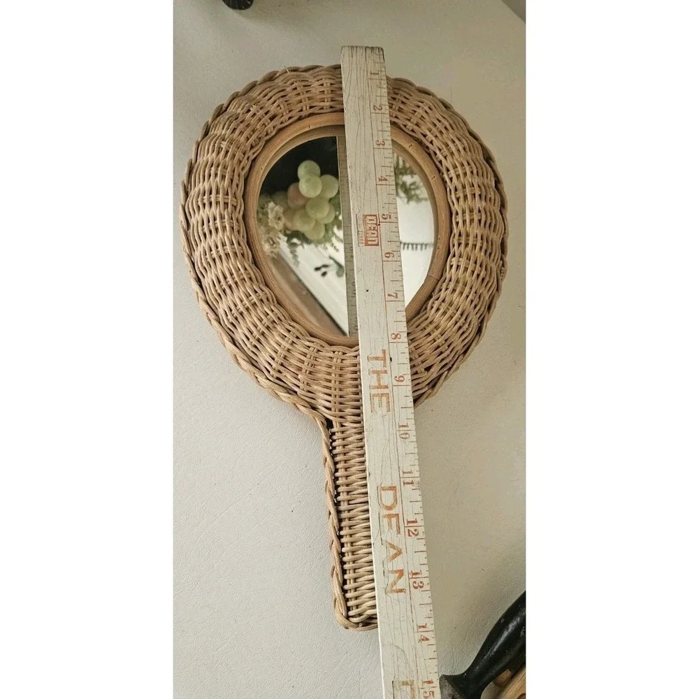 Wicker Rattan Hand Held Mirror Two Sided Vintage 1970's Woven/Braided